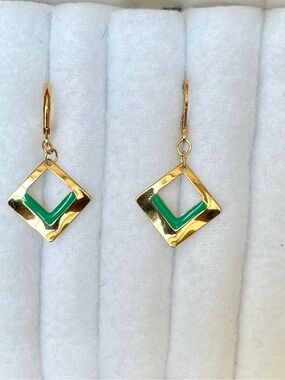 18 K Gold plated  Geometric Earrings   with Green Enamel Accent